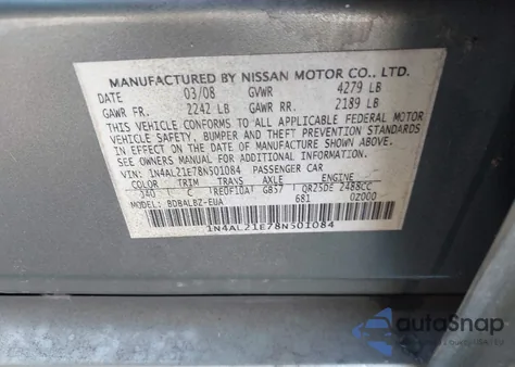 2008 Nissan Altima 2.5 S from USA, damaged, VIN 1N4AL21E78N501084